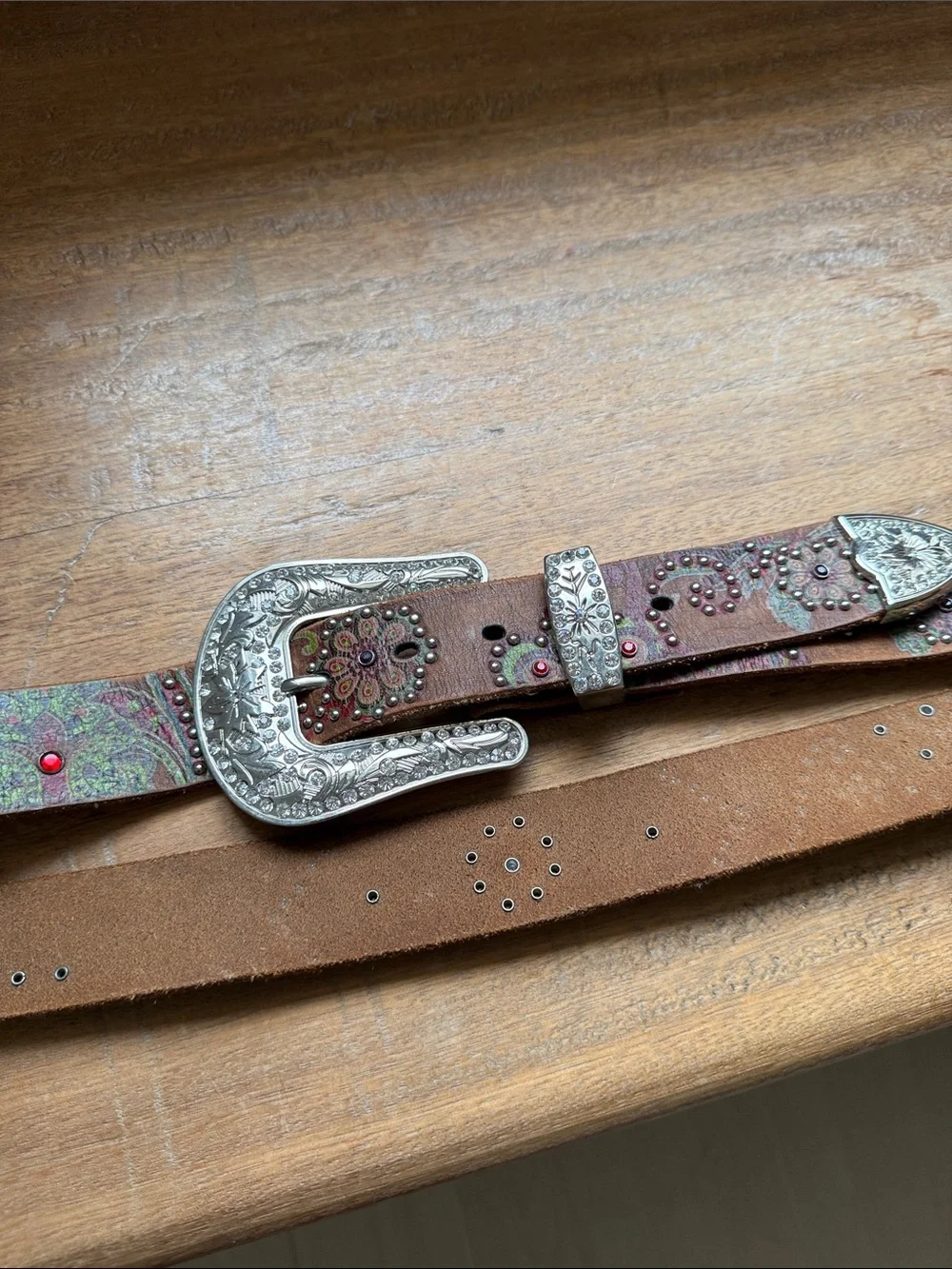 Embellished Brown Leather Western-Style Belt with Silver Buckle